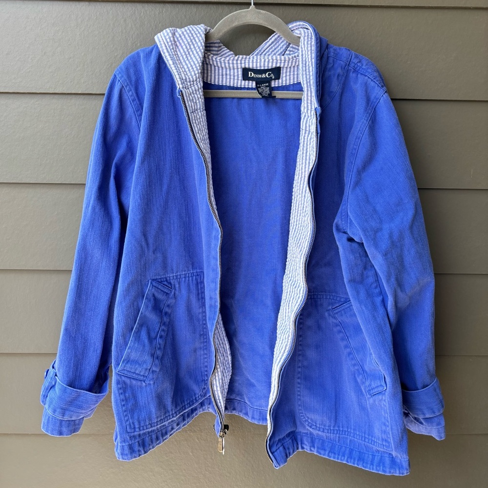 Denim & Co. Blue Denim Seersucker Zip-Up Hooded Jacket | XL